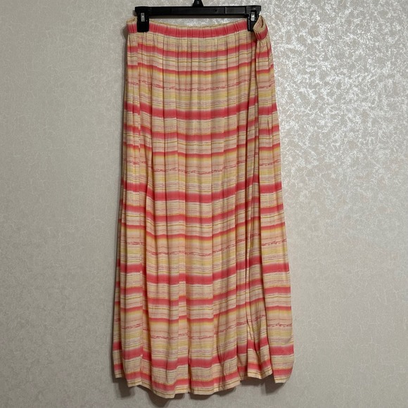 Susan Bristol Vintage Striped Maxi Skirt Pleated Pink Yellow Cottagecore Boho XL - Picture 1 of 6